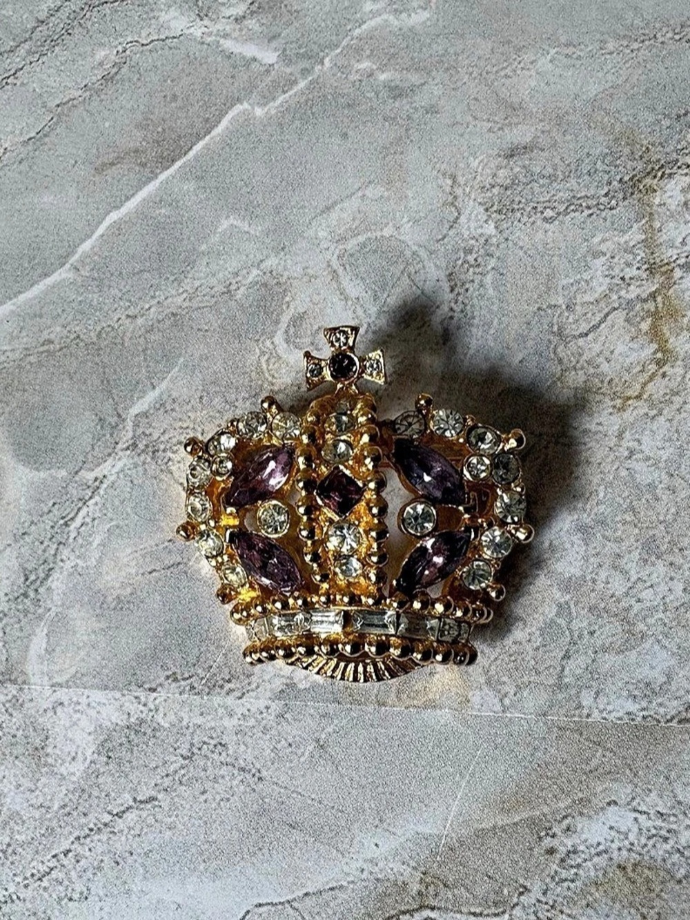 Crown Brooch Pin Gold Tone Metal Purple and Clear Rhinestones